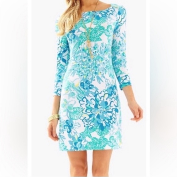 Lilly Pulitzer Dresses & Skirts - Lilly Pulitzer Sophie Dress In A Pinch Print Size Medium Blue Green Long Sleeve